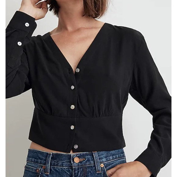 Madewell Lusterweave V Neck Button Front Rosalind Long Sleeve Top US Women's M - Picture 1 of 8